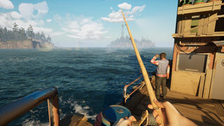 Last Harbor – Blick vom Deck eines Bootes mit Angel und einer weiteren Spielfigur auf dem Meer