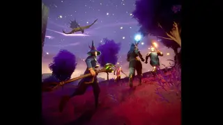 RuneScape: Dragonwilds – vier Spielfiguren laufen gemeinsam durch Ashenfall, während ein Drache über ihnen fliegt
