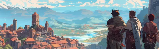 A group of adventurers looking out over their village