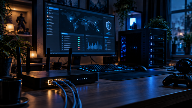 Fotorealistisches Gaming-Setup mit Router, Gaming-PC und Servergehäuse vor einem Monitor mit Netzwerkübersicht.