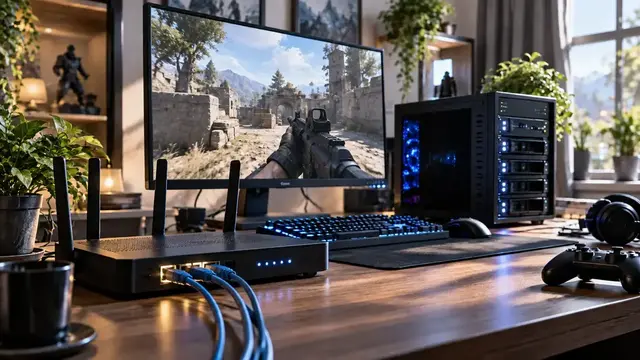 Fotorealistisches Gaming-Setup mit Router, Gaming-PC und Servergehäuse vor einem Monitor mit Netzwerkübersicht.
