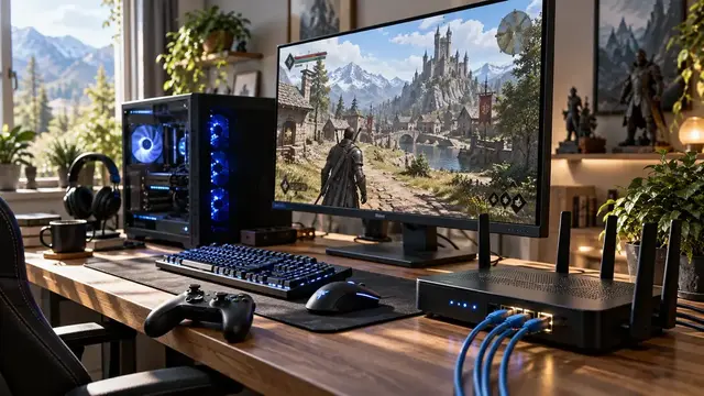 Helles Gaming-Setup mit Router, Gaming-PC und Monitor, auf dem ein Fantasy-RPG in einer mittelalterlichen Landschaft läuft.