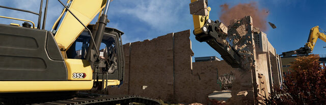 Caterpillar-Bagger bei einem Abrissauftrag in Construction Simulator: Evolution