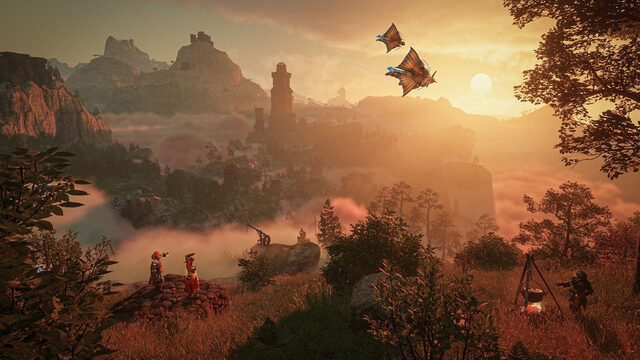 Enshrouded – zwei Spielfiguren blicken über die Landschaft von Embervale