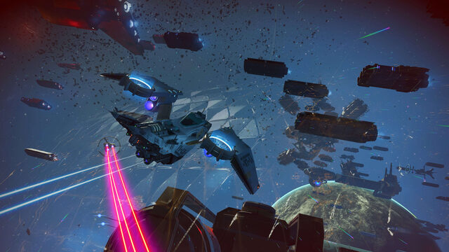 No Man’s Sky Cosmos – Raumschiff vor einer Raumstation im All