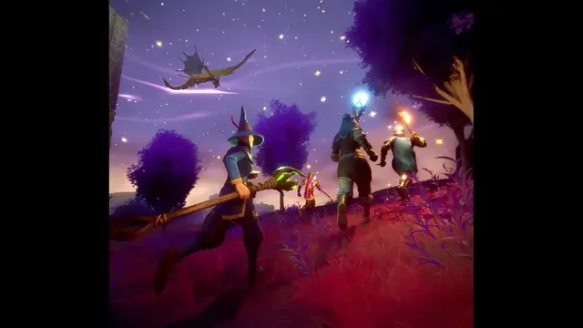 RuneScape: Dragonwilds – vier Spielfiguren laufen gemeinsam durch Ashenfall, während ein Drache über ihnen fliegt
