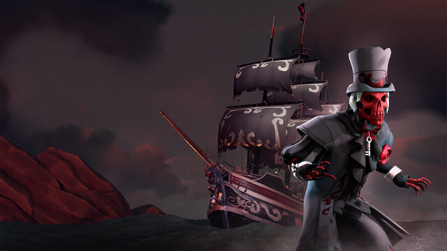Piratenfigur vor einem Schiff im offiziellen September-2026-Motiv von Sea of Thieves