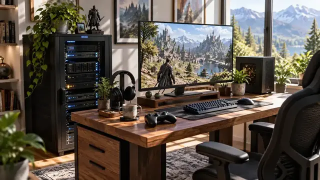 Helles Gaming-Setup mit Fantasy-RPG auf dem Monitor, Gaming-PC und seitlich stehendem Serverschrank mit mehreren Servereinheiten.