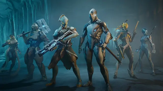 Sechs Tenno im neuen Warframe-Modus Glacial Defiance aus Iceblade of Narin