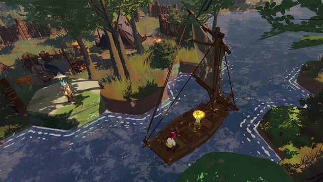 BitCraft Online – Segelboot auf einem Fluss neben einem einfachen Lager
