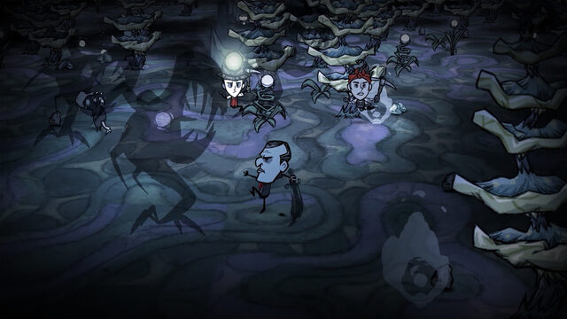 Don't Starve Together – Überlebende erkunden mit einer Laterne eine düstere Waldlandschaft