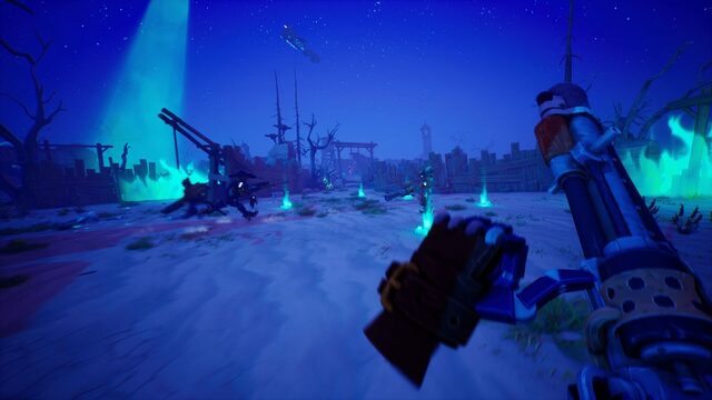 Far Far West: Ein Cowboy-Roboter hält in der Egoperspektive eine schwere Waffe vor blau beleuchteten Geisterflammen in einer Western-Landschaft