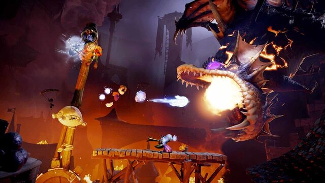 Rayman Legends Retold mit Rayman in einer actionreichen Szene vor einem Drachenboss