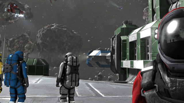 Space Engineers mit einem großen Raumschiff im Weltraum