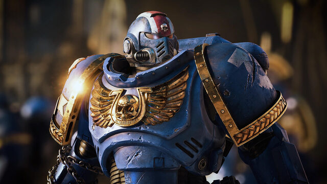 Ein Space Marine aus Warhammer 40,000: Space Marine 2 in einer offiziellen Spielszene