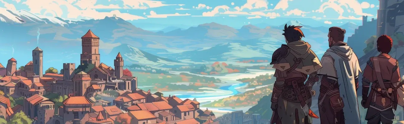 A group of adventurers looking out over their village
